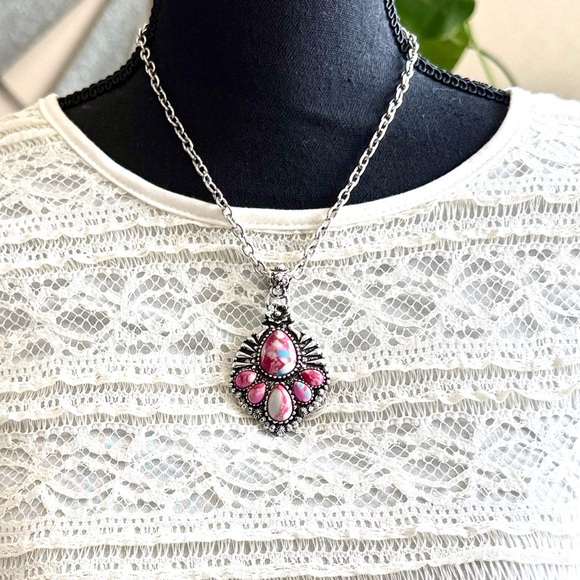 Jewelry - Cotton Candy Pink Prarie Dawn Turquoise and White Pendant Necklace